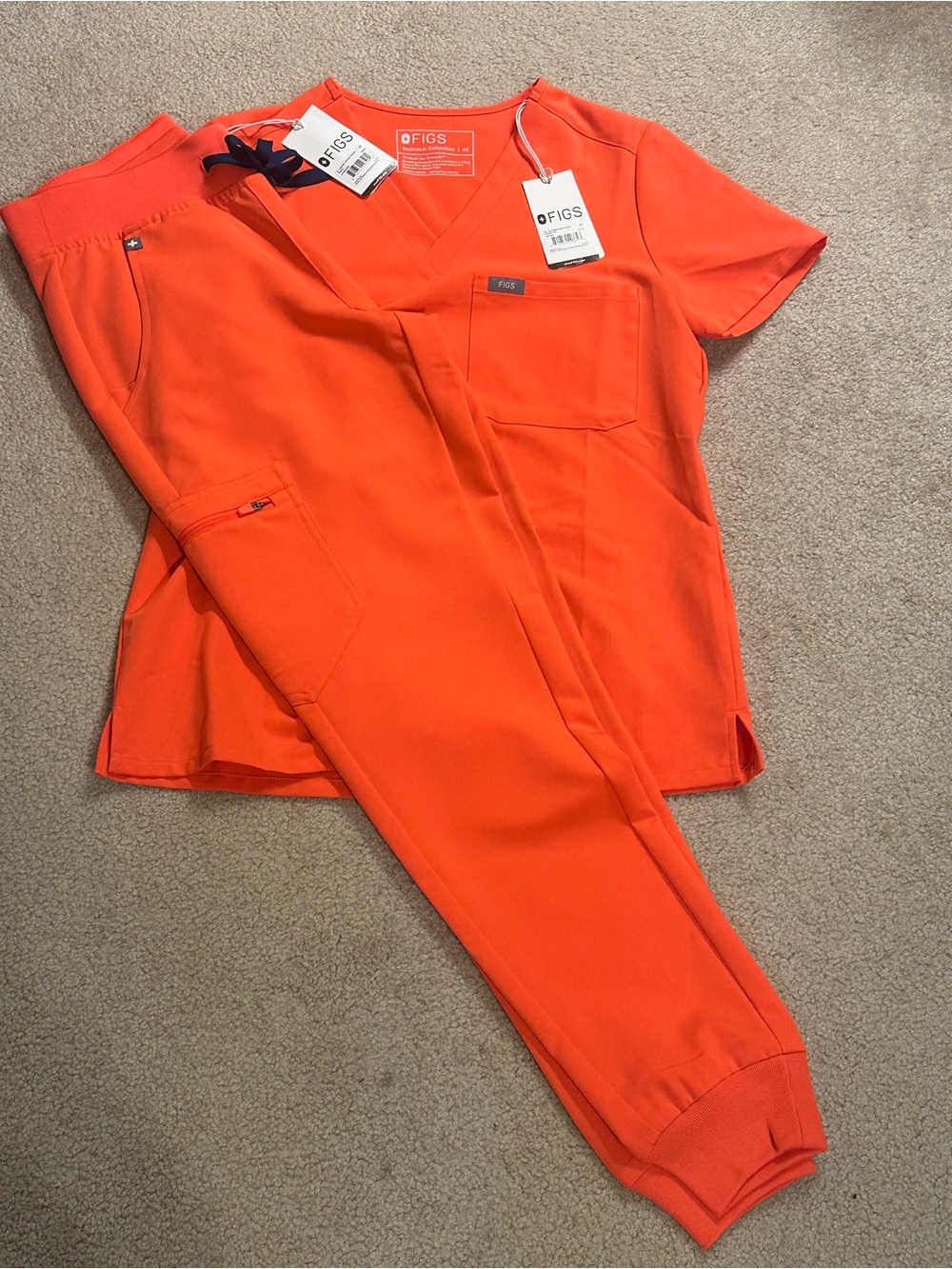 FIGS Orange XS Catarina top and Zamora bottom